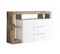 ARTURO - Buffet 2 Portes 3 Tiroirs Blanc Laqué Encadrement Niches Aspect Bois Antik -