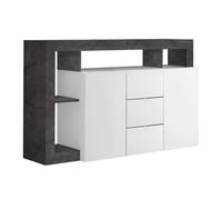ARTURO - Buffet 2 Portes 3 Tiroirs Blanc Laqué Encadrement Niches Aspect Gris Oxyde