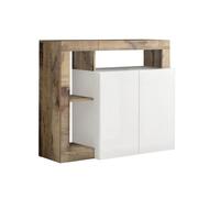 ARTURO - Buffet 2 Portes Blanc Laqué Encadrement Niches Aspect Bois Antik