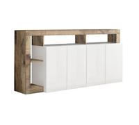 ARTURO - Buffet 4 Portes Blanc Laqué Encadrement Niches Aspect Bois Antik