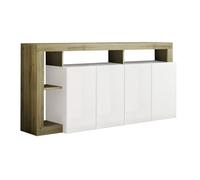ARTURO - Buffet 4 Portes Blanc Laqué Encadrement Niches Aspect Bois Cadiz