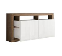 ARTURO - Buffet 4 Portes Blanc Laqué Encadrement Niches Aspect Chêne Mercure