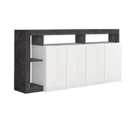 ARTURO - Buffet 4 Portes Blanc Laqué Encadrement Niches Aspect Gris Oxyde
