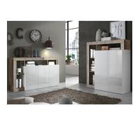 ARTURO - Ensemble Buffet 3P + Meuble Bar Blanc Laqué Niches Aspect Bois Antik -