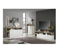 ARTURO - Ensemble Buffet 4P + Meubles TV et Bar Blanc Laqué Niches Aspect Bois Antik -