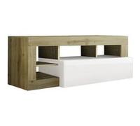 ARTURO - Meuble TV 1 Abattant Blanc Laqué Encadrement Niches Aspect Bois Cadiz -
