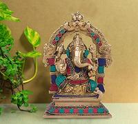 Artvarko Ganesh Bhagwan Murti assis sur le Singhasan Ganesh Ganpati décoré avec une pierre multicolore pour cadeau, décoration d'intérieur, hauteur 17,8 cm