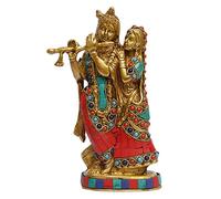 ARTVARKO Radha Krishna Statue en laiton avec pierre précieuse multicolore faite à la main Belle sculpture d'amour divin Couple Temple Puja Décoration d'intérieur Cadeau 20,3 cm