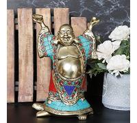 Artvarko Statue Feng Shui Bouddha rieur debout sur une tortue en laiton avec pierre de couleur faite à la main Statue homme heureux pour la chance, la richesse et la prospérité à la maison, au bureau