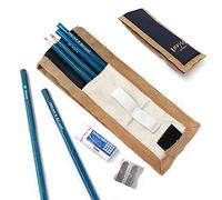 Artway Indigo Trousse à crayons - Comprend 6 crayons graphite classés (HB-10B), porte-crayon, gomme Pentel et taille-crayon en métal