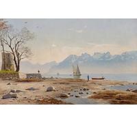 ARTXLXXBN Célèbre Peinture D'Art Murale Wall Art Peintures Lac Léman avec Tour Haldimand par Peder Monsted Impression Peinture Huile Pour la Décoration Murale 60x90cm