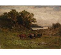 ARTXLXXBN Tableaux Sur Toile Moderne Mur Art Cinq vaches broutant avec des arbres et une rivière en arrière plan par Edward Mitchell Bannister Pour la Décoration de la Chambre à Coucher 60x90cm