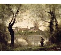 ARTXLXXBN Tableaux Sur Toile Moderne Mur Art Vue de la et de la cathédrale de Mantes à travers les arbres le soir par Jean Baptiste Camille Corot Pour la Décoration de la Chambre à Coucher 60x90cm
