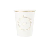 ARTYFETES 8 gobelets en carton baptême 255 ml fleurs dorées - Blanc