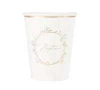 ARTYFETES 8 gobelets en carton baptême 255 ml fleurs dorées - Blanc