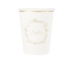 ARTYFETES 8 gobelets en carton baptême 255 ml fleurs dorées - Blanc