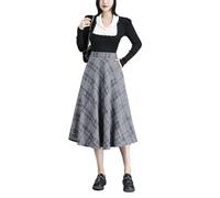 Artykey Jupe Longue Femme Hiver Taille Haute Élégant Carreaux Laine Midi Skirts A-Ligne Plissée Jupe avec Poches 8930 Gris Clair L