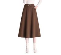 Artykey Jupe Longue Femme Hiver Taille Haute Élégant Laine Midi Jupe Taille élastique Vintage A-Line Jupe Plissée Khaki (XL Taille élastique 83cm)