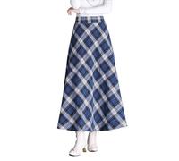 Artykey Jupe Longue Femme Hiver Taille Haute Vintage Élégant Maxi Skirt Carreaux A-Ligne Automne Jupe Plissée Bleu L(Taille élastique:78cm)