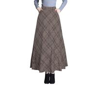 Artykey Jupe Longue Femme Hiver Vintage Élégant Taille Haute Carreaux Maxi Jupe Laine A-Ligne Plissée Skirt Kaki M
