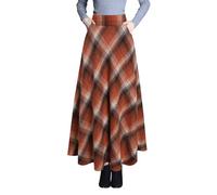 Artykey Jupe Longue Femme Hiver Vintage Élégant Taille Haute Carreaux Maxi Jupe Laine A-Ligne Plissée Skirt Orange XXL