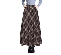 Artykey Women's Winter Wool Long Skirt Elegant High Waist Plaid A-Line Autumn Maxi Skirt with Pocket Marron M(Elastic Waist:73cm)