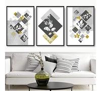 Artze Wall Art Ensemble de 3 pièces avec imprimé floral géométrique abstrait - Gris/jaune moutarde - 30 x 40 cm