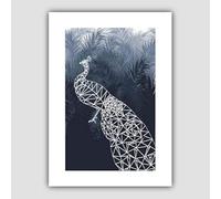 Artze Wall Art Impression artistique sur fond de paon géométrique avec feuilles de palmier, format A3, bleu marine