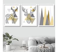 Artze Wall Art Triangles géométriques et Poly Line Cerf avec montagnes Art Print Set de 3 pièces 30 x 40 cm Jaune/gris