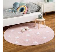 ARUGYTEI Tapis Rond,Rose Blanc Stars, Tapis Garçon Fille,Pink, ø 80 cm,Tapis Rond 80 cm diamètre pour Salon Chambre à Coucher Tapis de décoration Chambre d'enfant