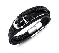 Aruie Bracelet pour Homme en Cuir Acier avec Ancre Nautique Marine Triple Plat Tressé Fermoir Magnétique Aimanté Mode Bijoux Cadeau