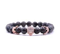 Aruie Bracelet pour Homme Femme en Pierre Cuivre avec Double Couronne Tête de Mort Zircon Perle Boule Naturelle Chaîne de Main Couple Cadeau - Or Rose