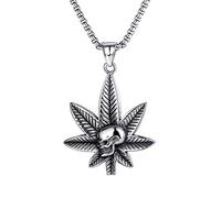Aruie Collier Pendentif pour Homme Garçon Tête de Mort Feuille de Cannabis Marijuana Punk Hip Hop Bijoux
