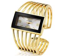 Aruie Montre Femme Fille Analogique Quartz Cadran Rectangle Bracelet Manchette Ouverte Ajouré en Alliage Mode Cadeau - Or&Blanc