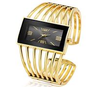 Aruie Montre Femme Fille Analogique Quartz Cadran Rectangle Bracelet Manchette Ouverte Ajouré en Alliage Mode Cadeau - Or&Noir