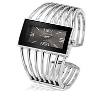 Aruie Montre Femme Fille Analogique Quartz Cadran Rectangle Bracelet Manchette Ouverte Ajouré en Alliage Mode Cadeau - Argent&Noir