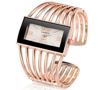 Aruie Montre Femme Fille Analogique Quartz Cadran Rectangle Bracelet Manchette Ouverte Ajouré en Alliage Mode Cadeau - Or Rose&Blanc
