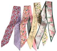 AruiLeo Lot de 4 foulards pour sacs à main en soie avec poignée en ruban pour cheveux, écharpes fines tendance pour femme, cadeau, Violet, rose, jaune, vert, 33.5"×1.97"
