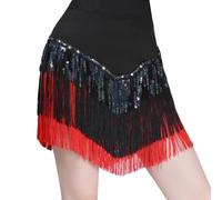 AruMinna Jupe de danse latine à franges pour cha, tango, rumba, salle de bal, performance avec paillettes ourlet irrégulier, noir/rouge, XL