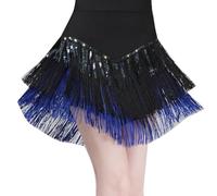 AruMinna Jupe de danse latine à franges pour cha, tango, rumba, salle de bal, performance avec paillettes ourlet irrégulier, Noir/bleu., L