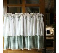 AruMinna Rideau de cantonnière en coton blanc à carreaux bleus avec nœud pour cuisine, café, chambre à coucher, petite fenêtre, armoire, porte, fenêtre, traitement demi-drapé (blanc, 70 cm (largeur) x