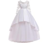 AruMinna Robe en tulle à manches longues en dentelle pour fille - Pour anniversaire, mariage, demoiselle d'honneur, bal de fin d'année, soirée, blanc, 5 ans