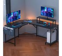 ARunThLana Bureau Gaming en Forme de L, avec Support pour écran et Crochet pour Casque, Table imformatique avec Port de Charge USB et Prise de Courant, Noir,160-135x55x74cm