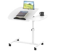 ARunThLana Bureau, Table d'ordinateur 60x40cm, Bois, Bureau réglable en Hauteur 69-90cm, avec Support pour Tasses et roulettes, Table d'appoint Angle réglable, Blanc