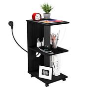 ARunThLana Table de Chevet Étroite, Lot de 1 Table d'Appoint, avec 2 Compartiments Ouverts et 1 Tiroir, avec Multiprise, avec Roulette, 70×50×25cm, pour Salon, Chambre,Noir