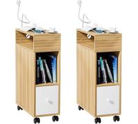 ARunThLana Table de Chevet Étroite, Lot de 2 Table d'Appoint, avec 2 Compartiments Ouverts et 1 Tiroir, avec Multiprise, avec Roulette, 70×50×25cm, pour Salon, Chambre (Couleur du Bois, Lot de 2)