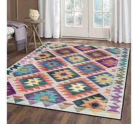 Arvella Rug Tapis Salon Lavable en Machine, Poils Ras Doux, Dessous Antidérapant pour Salle à Manger, Chambre, Cuisine et Couloir Couleur Patchwork Géométrique de Style Ethnique 110 x 150 cm