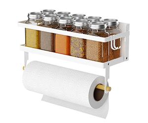 ARVINKEY Étagère à épices magnétique avec rouleau de porte-serviettes en papier et crochet, pliable, porte-épices magnétique, organisateur d'épices, support de rangement pour cuisine, blanc