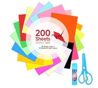 Arvoni Lot de 200 Papier Origami, Feuille Origami Coloré, 20 Couleurs 15x15 cm Feuille Couleur, 80 g/m² Kit Origami Coloré Double Face pour Enfants et Adultes, avec Ciseaux de Sécurité et Bâton de Col