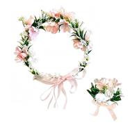 ARYIMYDP 1 Set Couronne Fleur Cheveux, Bijoux Cheveux Mariage et Diadème Femme Bohème, Réglable avec Bracelet Floral pour Mariage Anniversaire Fête Plage Hawaii
